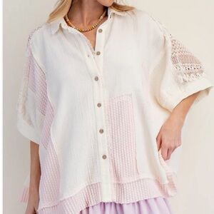 Easel Cream and Pink Textured Button-Down Shirt